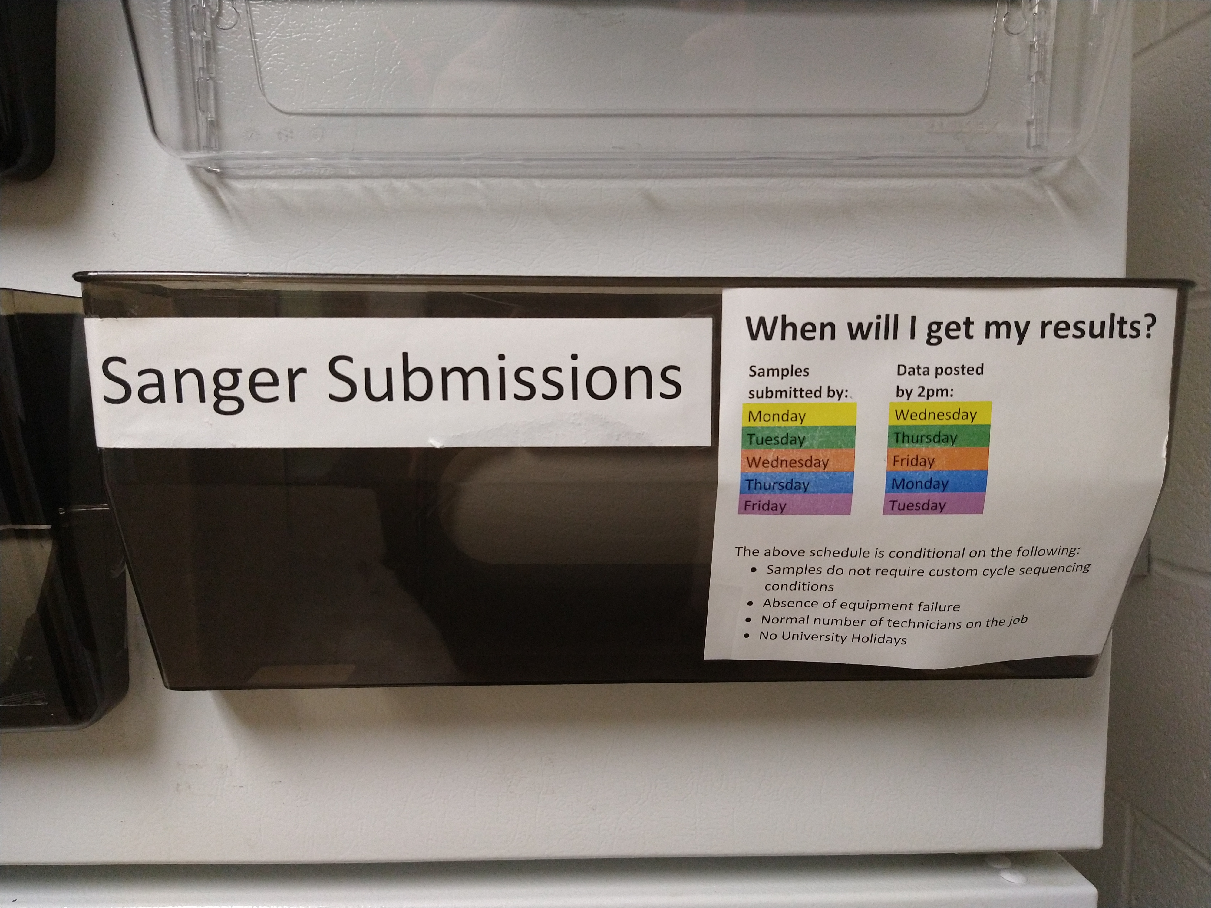 Sanger submission basket on freezer