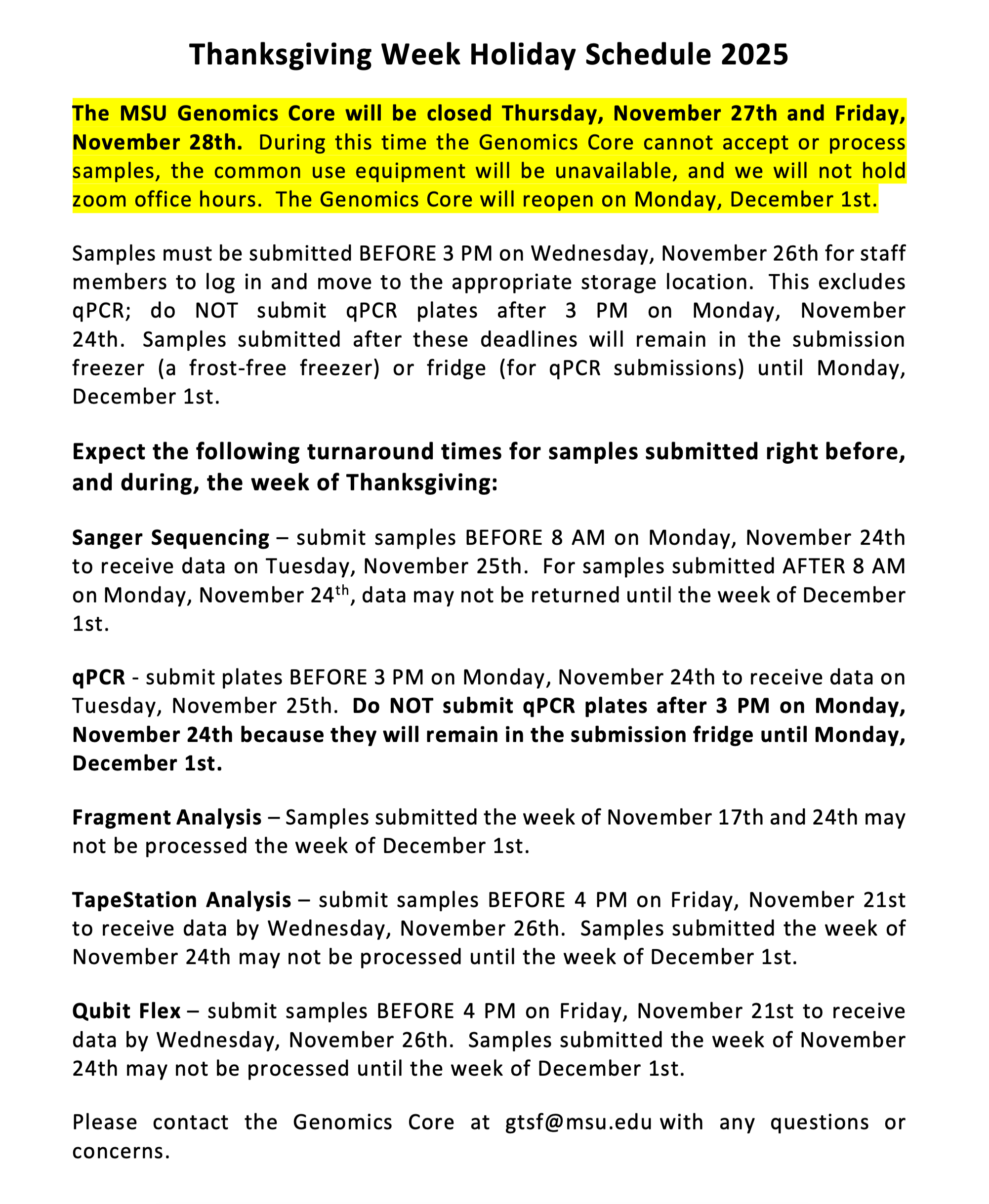 Thanksgiving Week Holiday Schedule 2025