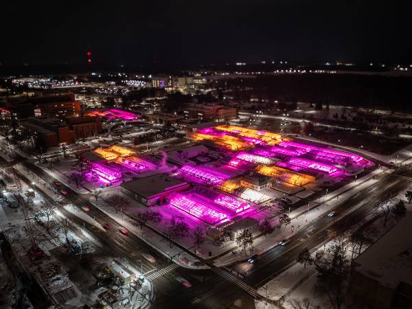 Aerial photo of MSU Greenhouses at night